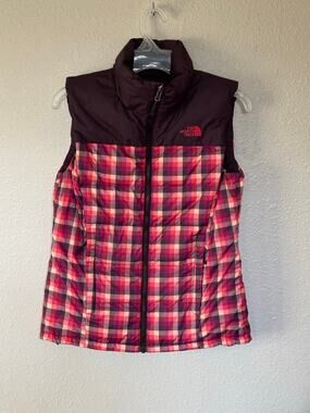 Women’s North Face Nuptse 700 Goose Down Puffer Vest Jacket Plaid Pink Small